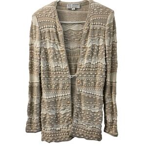 ST JOHN Collection Knit Cardigan Beige White Textured Beaded M Quiet Luxury
